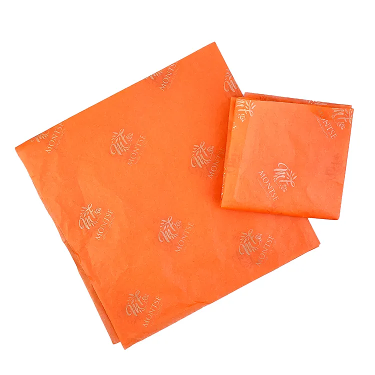 Papel de embalaje de papel de seda naranja con logotipo plateado personalizado para productos, papel de seda para envolver ropa