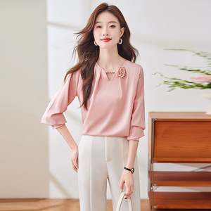 Women's Long Sleeve Shirt Solid Color <b>Satin</b> Round Neck Elegant <b>Blouse</b> For Everyday Wear - Product Image 2