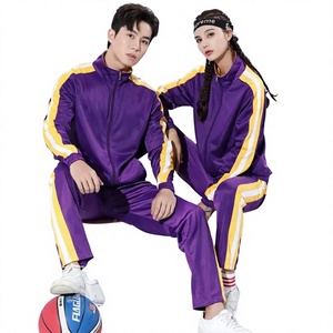 Ensemble de survêtement rayé violet et jaune, fermeture éclair sur toute la longueur, style sportif, unisexe, adulte, vêtements d'automne avec poches latérales - Product Image 1