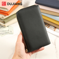 Dompet Panjang Wanita DUJIANG Kulit Asli Ber-resleting Warna Solid Fashion Multi-Kartu Untuk Penggunaan Sehari-hari Model 2175