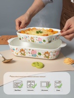 Plat de cuisson rectangulaire en porcelaine fine Huage Pure White Bone China à double poignée, motif dessin animé, compatible four, micro-ondes et lave-vaisselle