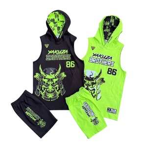OEM Custom Neon <b>Green</b> <b>Black</b> Sublimated 7 on 7 Uniform Set Sleeveless Hooded Jersey Shorts Wholesale Sportswear Factory - Product Image 1