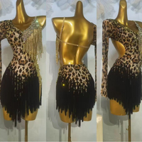 Robe de danse latine à imprimé léopard avec franges, une manche longue, strass et pompons, pour compétition et spectacle de danse de salon