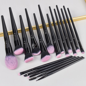 Juego de brochas de maquillaje profesional de 18 piezas, mango negro con punta de cerda rosa, cerdas veganas y mangos ergonómicos para uso facial - Product Image 2