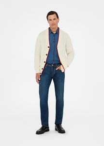 <span class=keywords><strong>Cardigan</strong></span> da Uomo con Collo a V e Bordi Decorativi in Crema con Profili Rossi, Maglione Classico con Bottoni in Fine Misto Cashmere e Cotone per il Moderno - Product Image 5