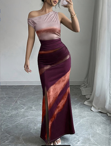 Vestido de Verano 2026 para Mujer, Estilo Europeo y Americano, Corte Entallado, Color en Contraste, Hombro Inclinado - Product Image 2
