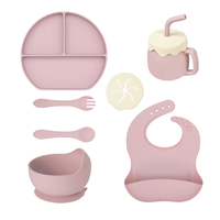Ensemble de repas en silicone pour bébé : Assiette compartimentée, bavoir, tasse, cuillère, fourchette et bol pour aliments pour bébé