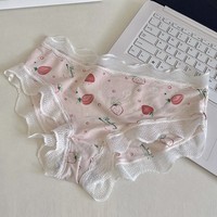 FINETOO 숙녀 원활한 매일 편안한 속옷 귀여운 딸기 프린트 힙 스터 팬티 저층 XS 면 가랑이 팬티 소녀