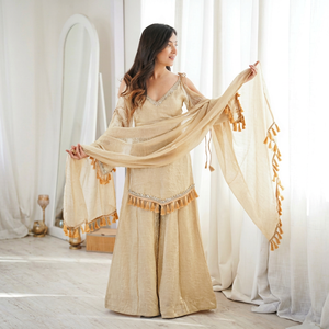 Beige Indian Pakistani Set Embroidered Tassel Top Wide Leg Pants <b>Shawl</b> <b>Wedding</b> Festival Wear - Product Image 1