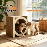 Vente en gros de maison pour chat en carton ondulé avec panneaux en bois, toit en feutre et entrée ronde pour chats d'intérieur, personnalisable OEM ODM