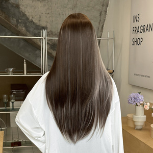 <span class=keywords><strong>Parrucca</strong></span> Sintetica Ainizi Stile Coreano di Alta Qualità, 70cm <span class=keywords><strong>Lunga</strong></span>, Liscia con Frangia, Marrone Caffè Miscelato con Grigio, Senza Taglio, Senza Pizzo - Product Image 5
