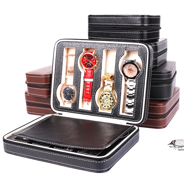 Elegant 4-Slot Luxury Rectangle Dustproof PU Leather Watch Box Organizer with Custom Logo Wholesale Watch Cases by Wangfu