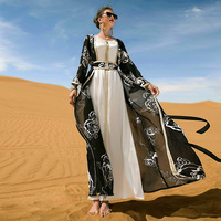 Luxueux arabe industrie lourde noir et blanc fleur broderie deux pièces dames longue robe avec ceinture robe de Style ethnique