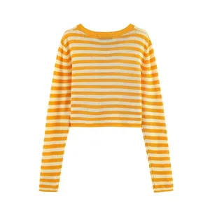<strong>Orange</strong> Color Crew Neck Button up Striped Pattern Knitted Casual Fashion Sweater <strong>Cardigan</strong> for <strong>Women</strong> - Product Image 2