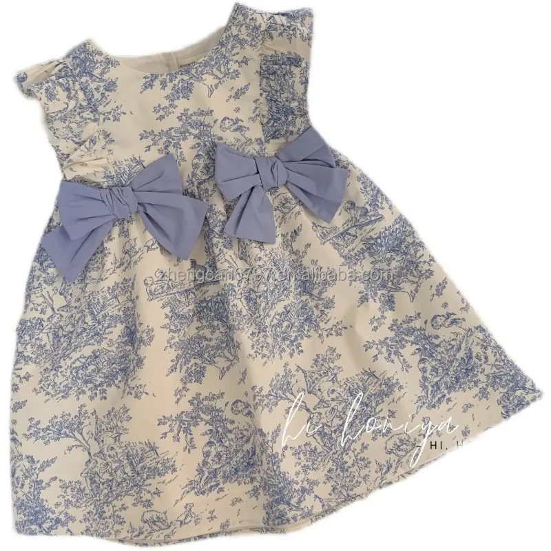 Custom Print Baby Dress Algodão Bow Tie Fly Sleeves Frocks Para Meninas Adolescentes Verão Qualidade Roupas de moda para crianças