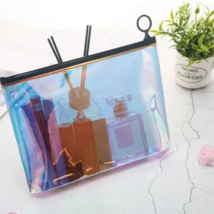 Borsa cosmetica per articoli da toeletta in PVC trasparente olografico trasparente per trucco con Logo personalizzato 14 colori disponibili