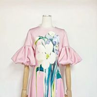 Robe A12300 pour Vacances à la Plage, Col Rond, Imprimée, Coupe Ajustée, Manches Courtes, Style Simple, Décoration Florale Magnifique