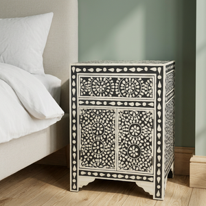 Meuble de chambre et de salon de luxe, écologique, en résine, avec incrustation d'os, motif chevron, fait main, forme carrée, technique de moulage, à deux tiroirs - Product Image 2