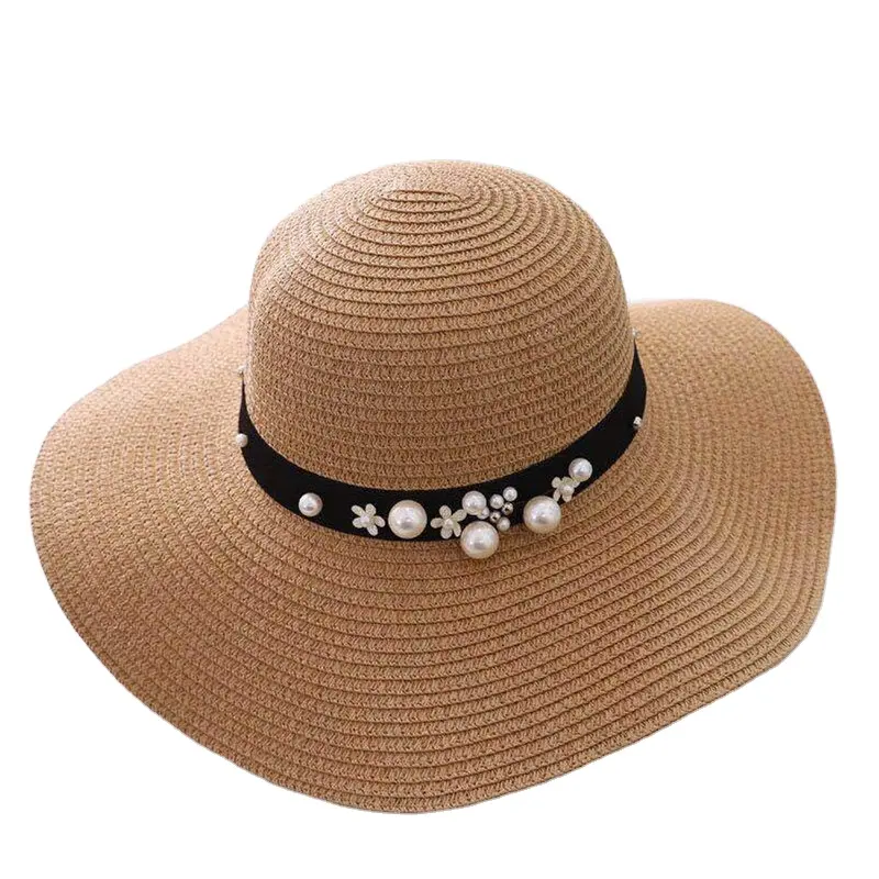 Cappello da sole estivo da spiaggia a tesa larga da donna con cappello di paglia tinta unita a buon mercato