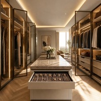 Système de dressing sur mesure de luxe avec cadre en aluminium, porte vitrée et éclairage LED, îlot de rangement avec tiroirs pour chambre principale de villa