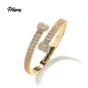 Fashion Cubic Zirconia Jewelry Open Adjustable Band Cuff Bangle Iced Out Bling Hip Hop Heart Shape Cuban Link Bracelet For Women