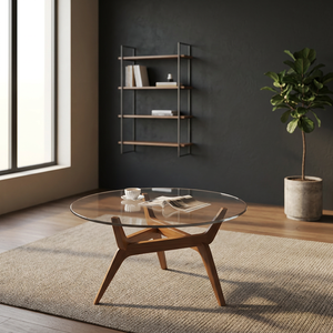 Table basse ronde moderne avec plateau en verre trempé et structure en bois, design mid-century, meubles de salon - Product Image 3