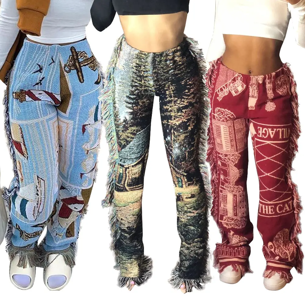 2022 New Fashion Clothing Print Lange Hosen Casual Fransen Quaste Jogger hose Damen hose