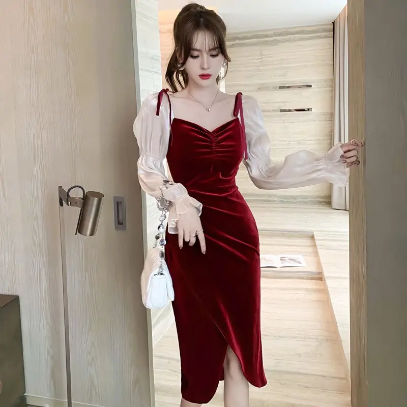 2023 Spring Velvet Dress Western Style Spring 2021 New Elegant Puff Sleeve Red Bridesmaid Dresses