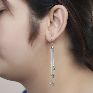 Pendiente de cadena de gota de estrella, flecos largos, estrella de cinco puntas, Huggie, plata esterlina, joyería de boda para fiesta para mujer - Product Image 3