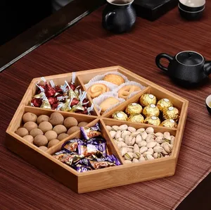 JUNJI Party fashion scatola di frutta secca con coperchio noci di bambù ciotola per snack piatti per piatti vassoio per caramelle vassoio per snack in legno a 6 sezioni
