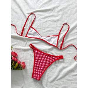 Conjunto de Bikini de Dos Piezas con Tiras Cruzadas y Estampado a Cuadros para Mujer, Traje de Baño de Corte Alto con Lazos en la Espalda, Ribete en Contraste, Elástico, Spandex, Nailon - Product Image 1