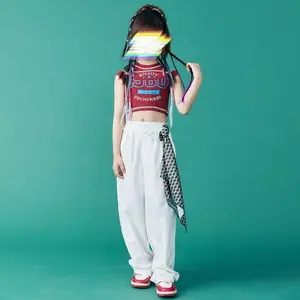 Детский комплект одежды K-Pop в стиле хип-хоп, Красная Майка и белая Повседневная Уличная одежда, брюки-карго для джазовых танцев, сценический костюм