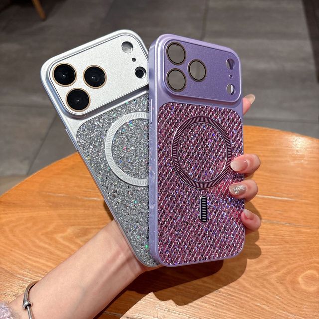 Bling Glitter Sequin Magnetic Phone Case for 17 16 15 14 13 Pro Max Camera Window Protection Shockproof PC+Glass