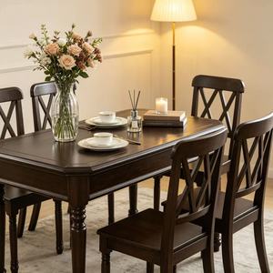 Vintage Dark Wood <b>Dining</b> <b>Table</b> Set, 4 Seater with Lattice Back Chairs & Turned Legs - Product Image 4