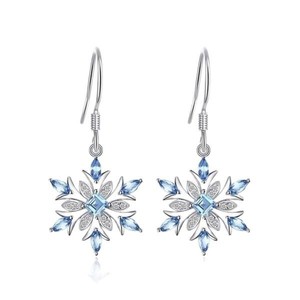 <b>Silver</b> Plated Aqua Blue Rhinestone Snowflake <b>Dangle</b> <b>Earrings</b> Trendy Christmas Jewelry Gift For Women - Product Image 1
