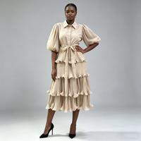 Nouvelle Robe Plissée Vintage Mi-Longue en Polyester avec Manches Lanterne et Jupe Parapluie, Grande Taille, Couleur Unie pour Femme