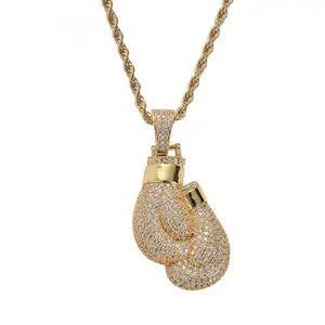Hot Sell Full Diamond Necklace Jewelry Men Boxing Glove Necklace 18k Gold Plated 2024 New Hip Hop Zircon Necklace