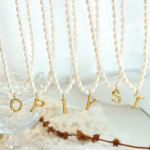 Fenny 18K Gold Plated Wholesale No Fade Fashion Alphabet 26 Letters Pendant Fresh Water Pearl Chain Stainless Steel Necklace