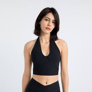 Débardeur de sport côtelé pour femme, col halter, décolleté plongeant en V, extensible, séchage rapide, avec coussinets amovibles, pour fitness et yoga, sans manches, coupe courte - Product Image 2