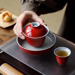 Guanlan Palace Museum Red Ceramic Gaiwan With Lid Hand Painted Double Lines Porcelain <b>Tea</b> Bowl For Kung Fu <b>Tea</b> <b>Set</b> - Product Image 2