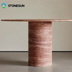 StoneSun <span class=keywords><strong>Table</strong></span> de salle à manger ronde élégante en travertin rouge Pied cylindrique Pierre de marbre en travertin rouge pour <span class=keywords><strong>table</strong></span> de cuisine - Product Image 2