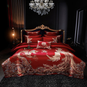 Wedding Four-piece Bedding Set 160-count Cotton Embroidered Chinese Style All-season Red Satin Duvet Cover Set - Product Image 1