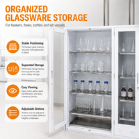 Armoire de rangement ventilée pour verrerie de laboratoire avec étagères perforées en acier inoxydable, bac de récupération des gouttes en PP et portes vitrées verrouillables