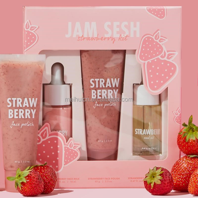OEM Whitening Brightening Moisturizer Exfoliator Face Serum Face Scrub Face Oil Strawberry Skin Care Gift Set
