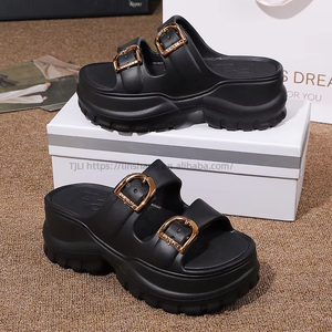 Summer Fashion Round Toe Leather Platform Heeled Sandals Height Increasing Casual Slides Slippers Slip-On Wedges Design - Product Image 6