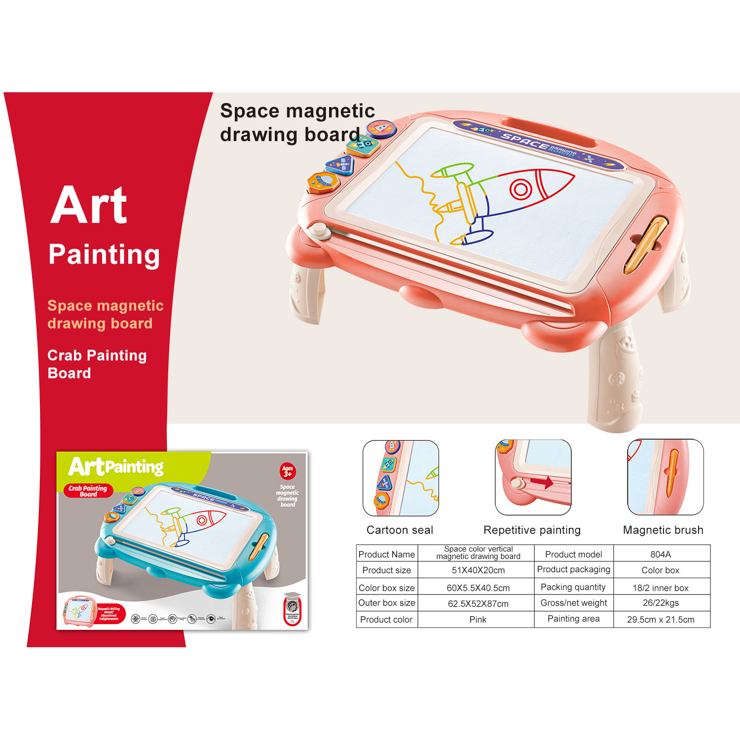 Tableau à dessin magnétique Pink Space avec pieds, boîte de couleur anglaise