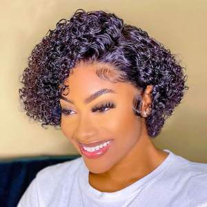 FX-HTA200 Brazilian for Swiss Lace Black Blunt Cut Short Water Curly Bob Pixie Closure Wig Cheap <strong>Lacewig</strong> Human Hair Extension - Product Image 1