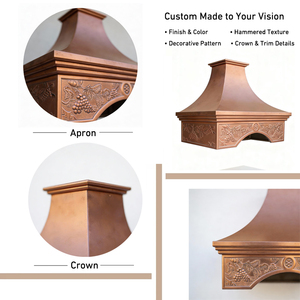 Cappa da <span class=keywords><strong>cucina</strong></span> di lusso artigianale intagliata a forma di campana in rame, con corona ad arco, personalizzata, finitura patinata spazzolata, con sistema di ventilazione - Product Image 6