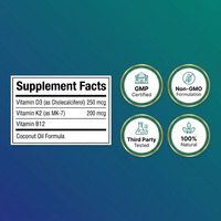 Capsules de vitamine D3 K2 B12 à l'huile de noix de coco, formule pour la santé osseuse et le soutien immunitaire, certifiées Halal, flacon de 60 unités, pour adultes