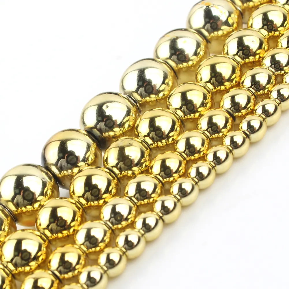 Wholesale 3/4/6/8/10MM Round Smooth Gold Color Hematite Stone Beads For Jewelry Making DIY